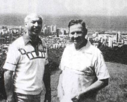 Joe Gervais, left, and Rolling Reineck, circa mid-1990s, overlooking Honolulu, Hawaii. Still esteemed by some as the greatest of Earhart researchers, Gervais can count among his contributions the vile and false Irene Bolam-as-Amelia Earhart theory, which his friend Reineck unsuccessfully tried to reprise in his 2003 book, Amelia Earhart Survived.
